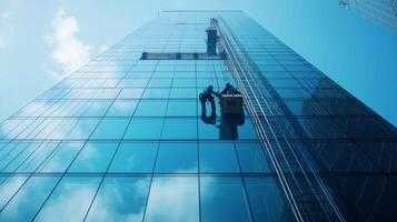 Two Window Cleaners Suspended On A Scaffolding System On The Side Of A Skyscraper photo