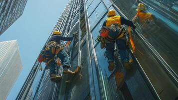 Two Window Washers Working on a Tall Building photo