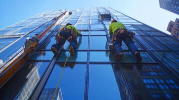Two Window Washers Cleaning the Exterior of a Glass Skyscraper photo