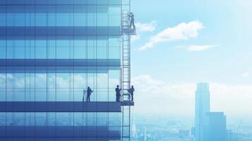 Workers Cleaning Windows on a Tall Glass Building in a Cityscape photo