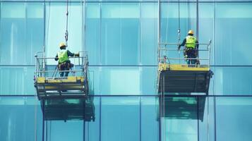 Two Window Cleaners Suspended from a High-Rise Building photo