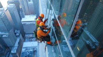 Two window washers working on a skyscraper in a city photo