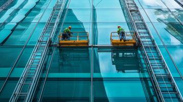 Two Window Cleaners Working on a Modern Glass Building photo