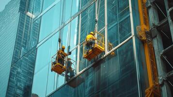 Workers Cleaning Windows on a High-Rise Building photo