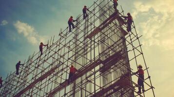 Construction Workers on Scaffolding Against a Cloudy Sky photo