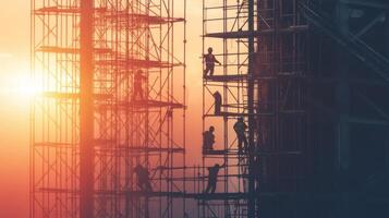Construction Workers Silhouetted Against Sunset on Scaffolding photo