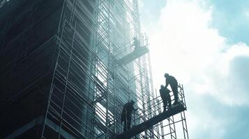 Construction Workers on Scaffolding Against a Cloudy Sky photo