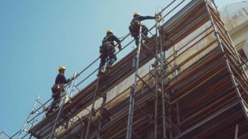 Construction Workers on Scaffolding During Building Renovation photo