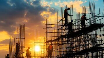 Silhouetted Construction Workers on Scaffolding at Sunset photo