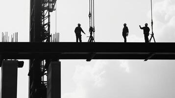 Construction Workers Silhouetted Against Cloudy Sky on a High-Rise Building photo