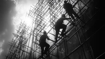 Construction Workers Climbing Scaffolding Silhouettes photo