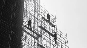 Construction Workers on Scaffolding During Building Renovation photo