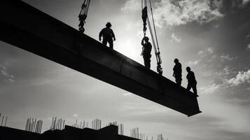Construction Workers Silhouetted Against Cloudy Sky While Lifting a Beam photo