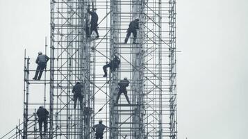 Workers on a Tall Scaffolding Structure During Construction photo