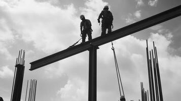 Construction Workers Installing Steel Beams on a Cloudy Day photo