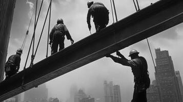 Construction Workers on a Steel Beam High Above a Cityscape photo