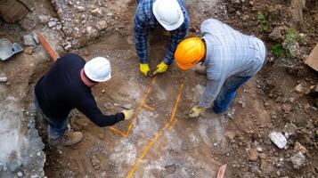Three Construction Workers Marking Lines on a Dirt Ground photo