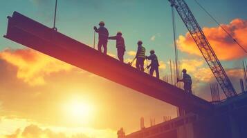 Silhouetted Construction Workers on a Steel Beam at Sunset photo