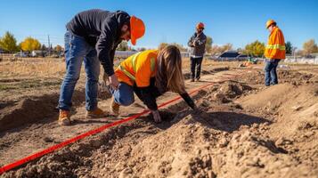 Construction Workers Measuring and Marking a Trench photo
