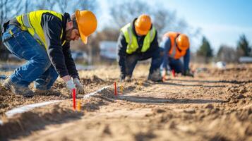 Construction Workers Marking a Line in the Ground with Stakes photo