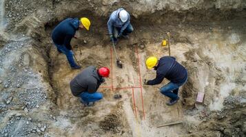 Construction workers marking out an excavation site photo