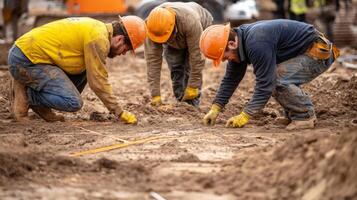 Construction Workers Laying Down Orange Piping in Muddy Ground photo