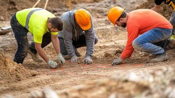 Construction Workers Marking Out a Foundation with Red Lines photo