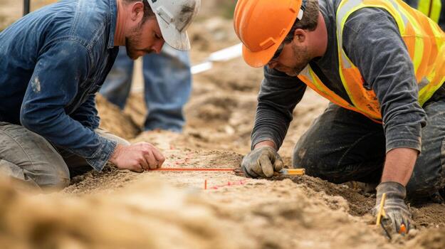 Two Construction Workers Measuring and Marking a Trench photo