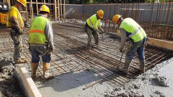Construction Workers Pouring Concrete on a Reinforced Foundation photo