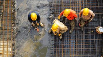 Construction Workers on a Wet Concrete Foundation with Rebar Grid photo