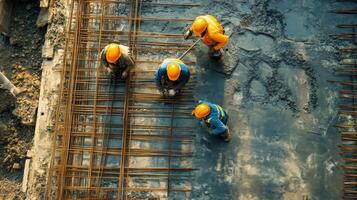 Construction Workers Assembling Rebar for Concrete Pour photo