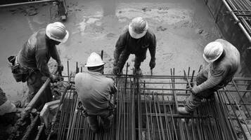 Construction Workers on a Wet Concrete Surface with Reinforcing Steel photo