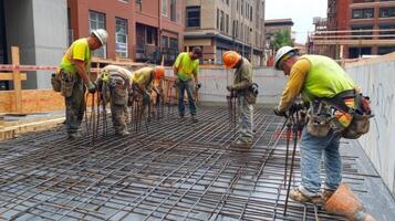 Construction Workers Preparing Rebar for Concrete Pour photo