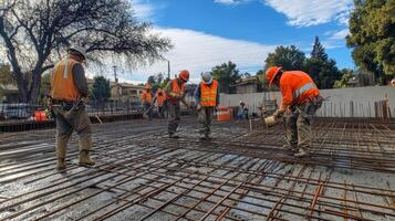 Construction Workers Pouring Concrete on Rebar Grid photo