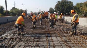 Construction Workers on a Rebar Grid for a Bridge or Overpass photo