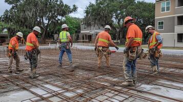 Construction Workers Inspecting Rebar Grid on Concrete Slab photo