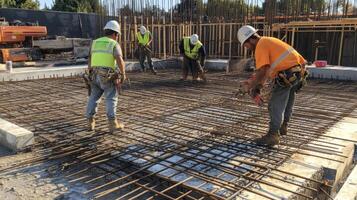 Construction Workers Laying Rebar on a Concrete Slab photo