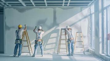 Construction Workers Finishing a Room in a New Building photo