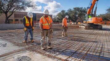 Construction Workers Inspecting Rebar Grid on Concrete Slab photo