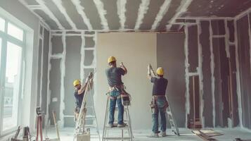 Three Construction Workers Finishing Drywall in an Unfinished Room photo
