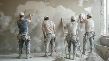 Construction Workers Applying Mortar to Wall photo