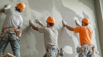Three Construction Workers Applying Textured Plaster to a Wall photo