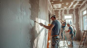 Construction Workers Applying Plaster to a Wall photo