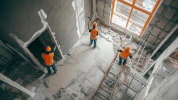 Construction Workers Leveling Concrete Floor in New Building photo