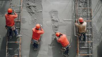 Four Construction Workers Applying Cement to a Wall photo