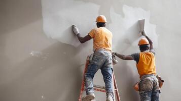 Two Construction Workers Applying Plaster to a Wall photo