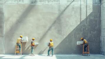 Construction Workers Installing Insulation Panels on a Concrete Wall photo