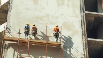 Construction Workers on Scaffolding Applying Finishing Touches to a Building Facade photo