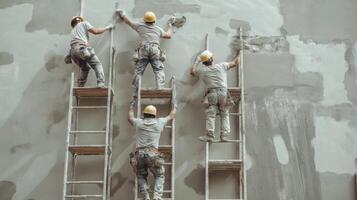 Four Construction Workers Applying Plaster to a Wall photo