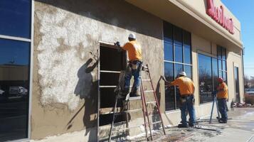 Construction Workers Applying Stucco to a Commercial Building photo